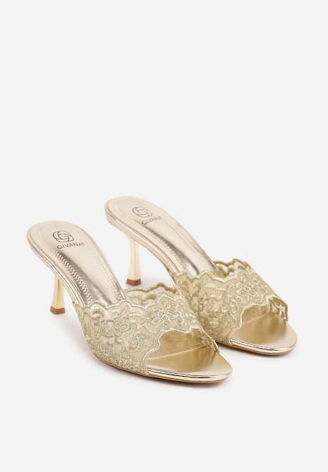 Złote Klapki na Metalicznej Szpilce z Koronką Theiseusa 5