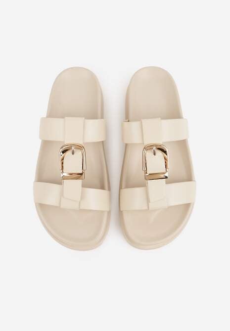 Beżowe Klapki Ozdobione Paskiem z Metaliczną Klamrą Kellyss 6