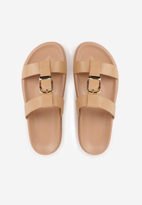 Ciemnobeżowe Klapki Ozdobione Paskiem z Metaliczną Klamrą Kellyss 6