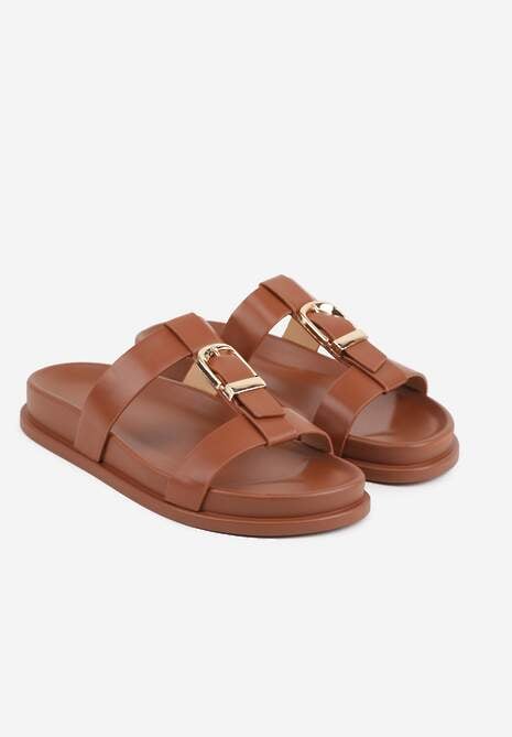 Brązowe Klapki Ozdobione Paskiem z Metaliczną Klamrą Kellyss 5
