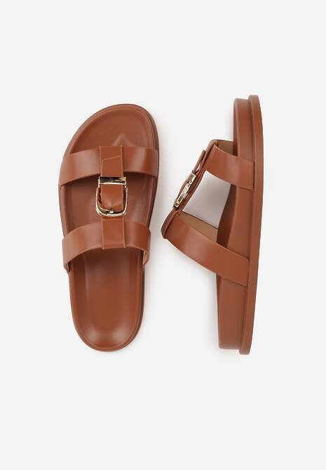 Brązowe Klapki Ozdobione Paskiem z Metaliczną Klamrą Kellyss 6