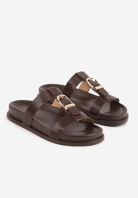 Ciemnobrązowe Klapki Ozdobione Paskiem z Metaliczną Klamrą Kellyss 5