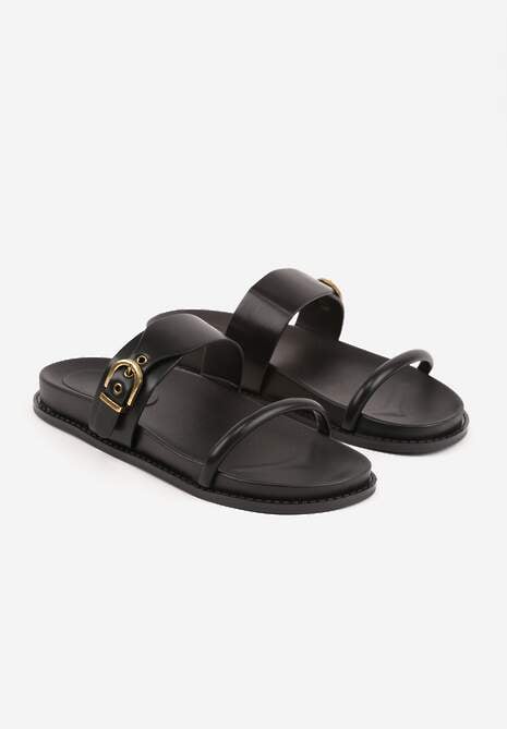 Czarne Klapki Ozdobione Paskami i Metaliczną Klamrą Ophiusi 5