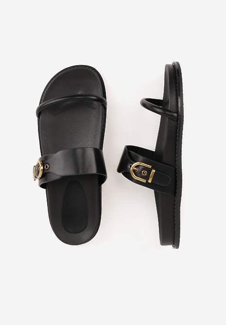 Czarne Klapki Ozdobione Paskami i Metaliczną Klamrą Ophiusi 6
