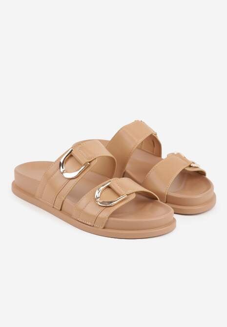 Ciemnobeżowe Klapki z Metalicznymi Klamrami Eudare 5