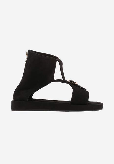 Czarne Sandały Typu Botki Ozdobione Metaliczną Klamrą z Przodu Adrasaia 4