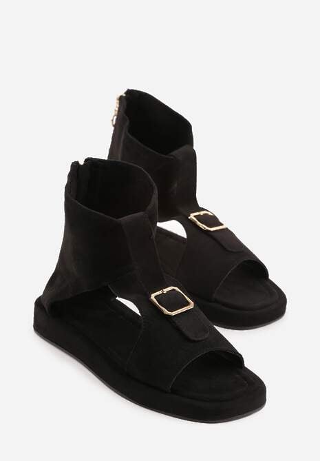 Czarne Sandały Typu Botki Ozdobione Metaliczną Klamrą z Przodu Adrasaia 5