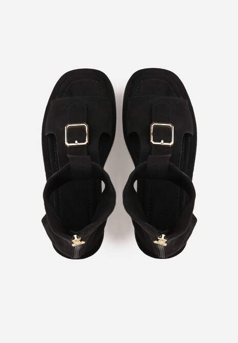 Czarne Sandały Typu Botki Ozdobione Metaliczną Klamrą z Przodu Adrasaia 6