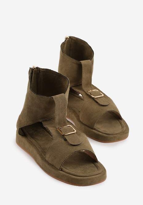 Zielone Sandały Typu Botki Ozdobione Metaliczną Klamrą z Przodu Adrasaia 5