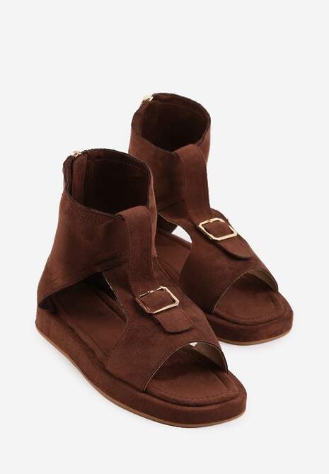 Brązowe Sandały Typu Botki Ozdobione Metaliczną Klamrą z Przodu Adrasaia 5