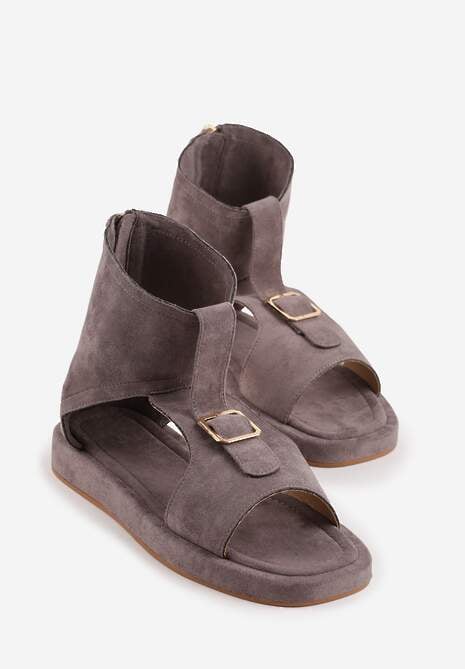 Szare Sandały Typu Botki Ozdobione Metaliczną Klamrą z Przodu Adrasaia 5