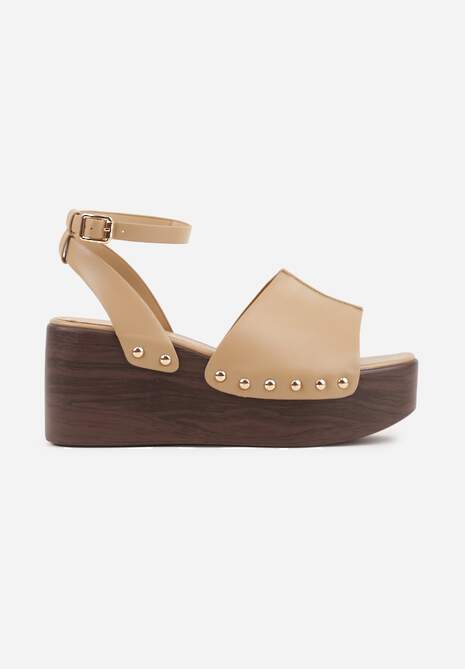 Ciemnobeżowe Sandały na Platformie i Koturnie z Nitami po Bokach Zaehesh 4