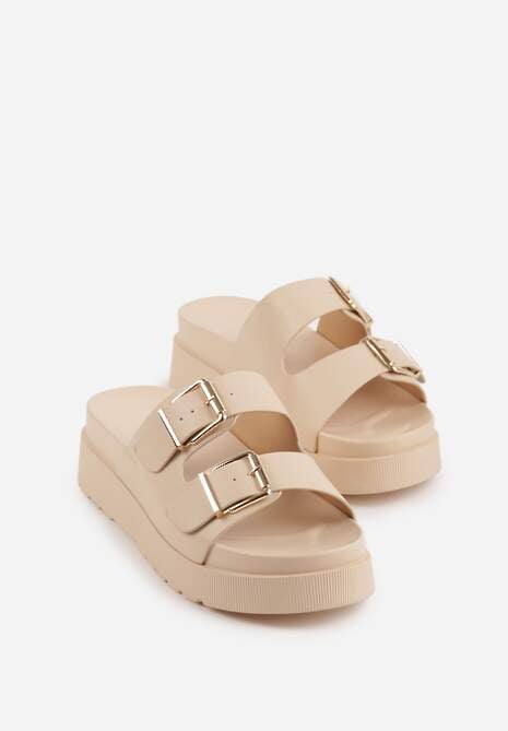 Beżowe Klapki na Platformie Ozdobione Metalicznymi Klamrami Galisiphe 5