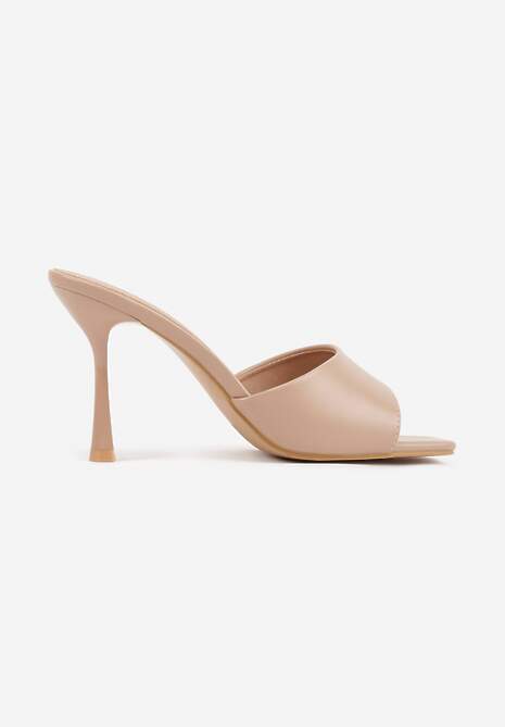 Ciemnobeżowe Klapki na Szpilce Ozdobione Kwadratowym Noskiem Eudanassa 4