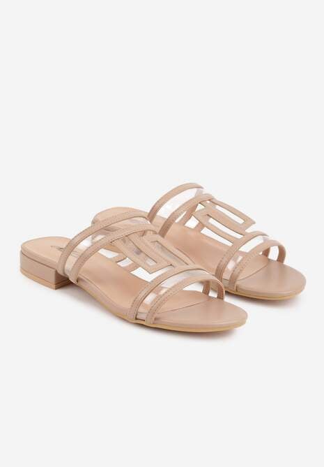 Ciemnobeżowe Klapki Ozdobione Geometrycznym Motywem Nysathei 5