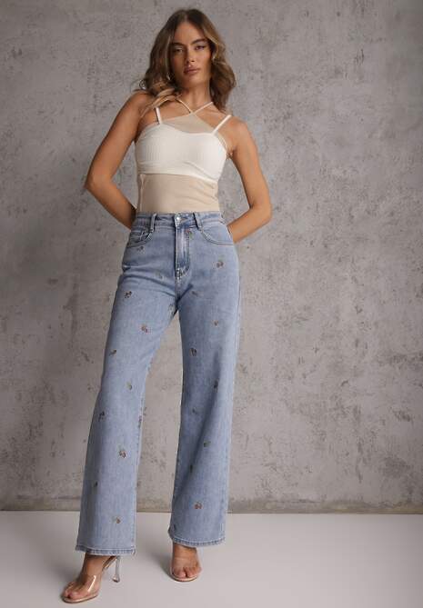 Niebieskie Szerokie Jeansy z Bawełną High Waist z Haftowanym Wzorem Donlopes 4