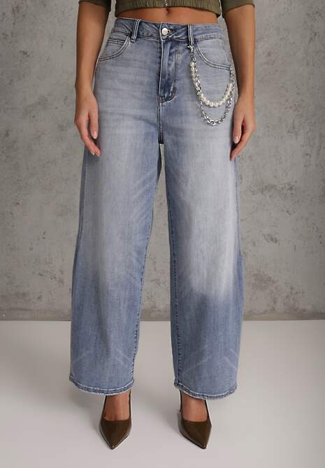 Niebieskie Szerokie Jeansy High Waist z Łańcuchem Kassania 4