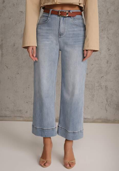 Niebieskie Szerokie Jeansy z Bawełną High Waist Ozdobione Przeszyciami Timolis 4