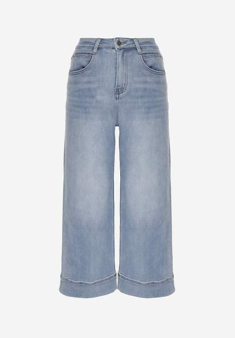 Niebieskie Szerokie Jeansy Culottes z Bawełną High Waist Ozdobione Przeszyciami Timolis 6