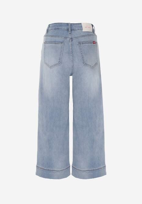 Niebieskie Szerokie Jeansy Culottes z Bawełną High Waist Ozdobione Przeszyciami Timolis 7