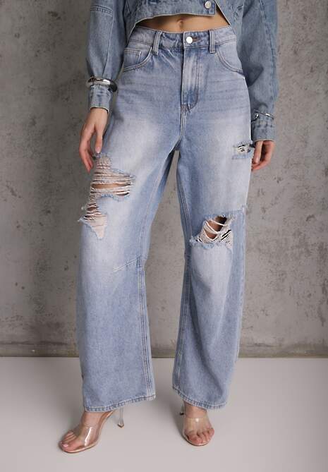 Niebieskie Bawełniane Jeansy Ballloon z Wiskozą High Waist Ozdobione Dziurami Lamma 4