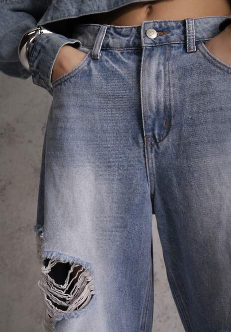 Niebieskie Bawełniane Jeansy Ballloon z Wiskozą High Waist Ozdobione Dziurami Lamma 5