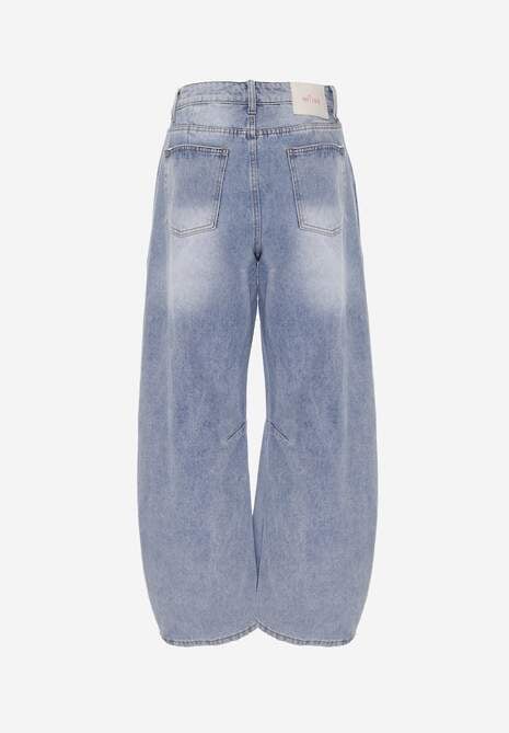 Niebieskie Bawełniane Jeansy Ballloon z Wiskozą High Waist Ozdobione Dziurami Lamma 7