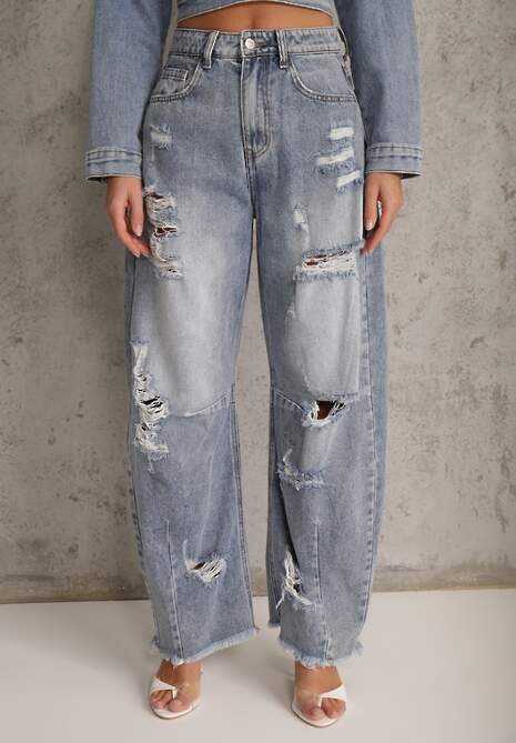 Niebieskie Jeansy z Bawełny Balloon High Waist z Przedarciami Taeryre 4