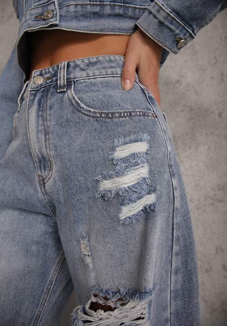 Niebieskie Jeansy z Bawełny Balloon High Waist z Przedarciami Taeryre 5