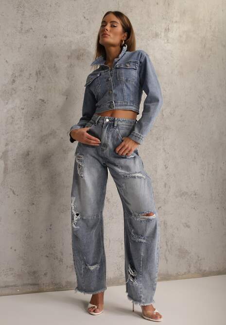 Niebieskie Jeansy z Bawełny Balloon High Waist z Przedarciami Taeryre
