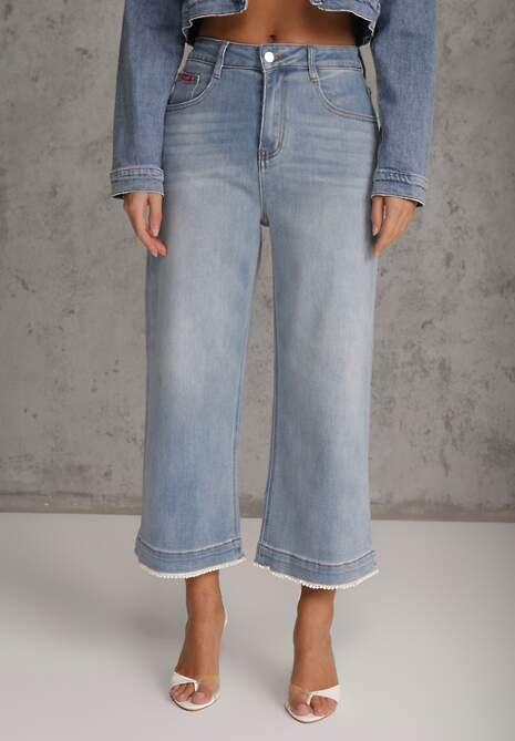 Niebieskie Szerokie Jeansy Culottes z Bawełną High Waist Ozdobione Perełkami Hesaris 4