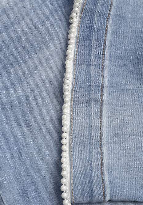 Niebieskie Szerokie Jeansy Culottes z Bawełną High Waist Ozdobione Perełkami Hesaris 6