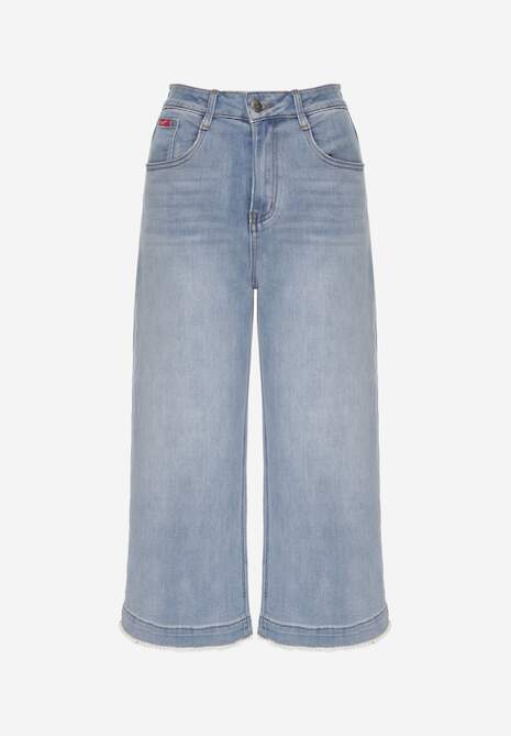 Niebieskie Szerokie Jeansy Culottes z Bawełną High Waist Ozdobione Perełkami Hesaris 6