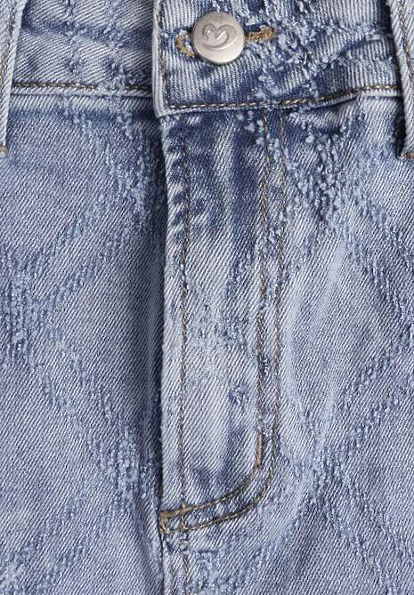 Niebieska Jeansowa Spódnica z Bawełny Zdobiona Printem w Romby i Rozcięciem Chrissna 6