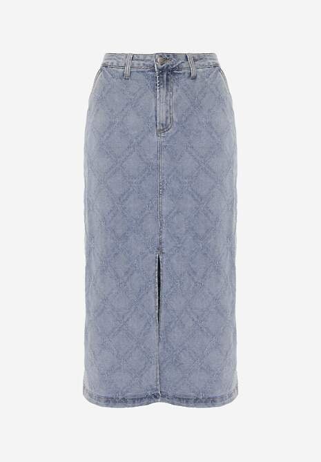 Niebieska Jeansowa Spódnica z Bawełny Zdobiona Printem w Romby i Rozcięciem Chrissna 6