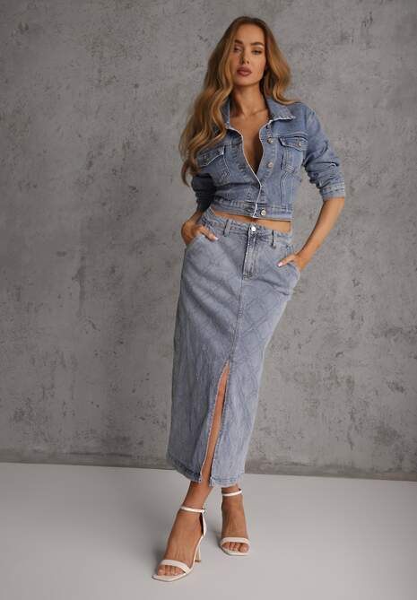 Niebieska Jeansowa Spódnica z Bawełny Zdobiona Printem w Romby i Rozcięciem Chrissna