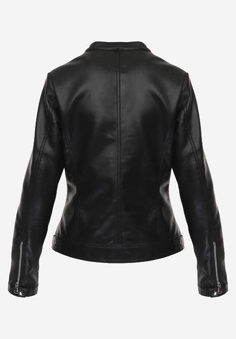 Czarna Taliowana Kurtka Ramoneska z Suwakami przy Mankietach Vivalea 7