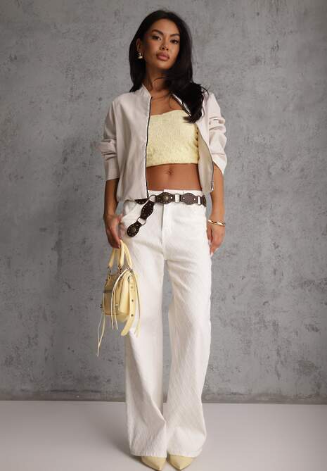 Białe Jeansy High Waist Wide Leg z Bawełną z Ozdobnymi Przeszyciami w Romby Hetana 4