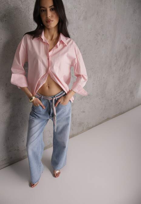 Niebieskie Jeansy Szerokie z Bawełną High Waist Ozdobione Wiązanym Sznurkiem Neviolla