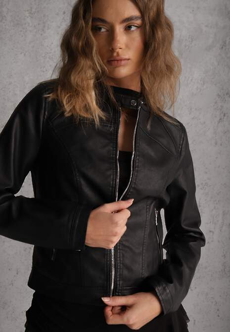 Czarna Taliowana Kurtka Ramoneska o Klasycznym Fasonie Tessana 5