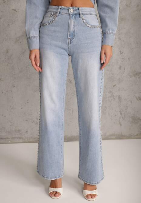 Niebieskie Szerokie Jeansy Ozdobione Nitami High Waist z Bawełną Typhele 4