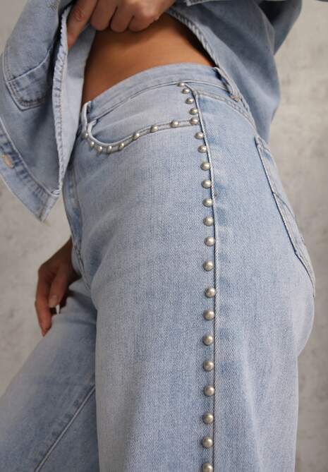 Niebieskie Szerokie Jeansy Ozdobione Nitami High Waist z Bawełną Typhele 5