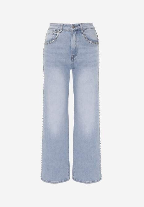 Niebieskie Szerokie Jeansy Ozdobione Nitami High Waist z Bawełną Typhele 6