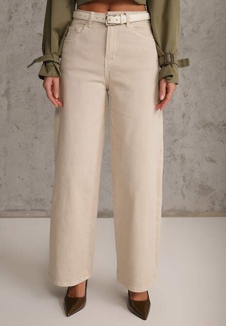 Beżowe Szerokie Jeansy Bawełniane High Waist Fyrlyss 4