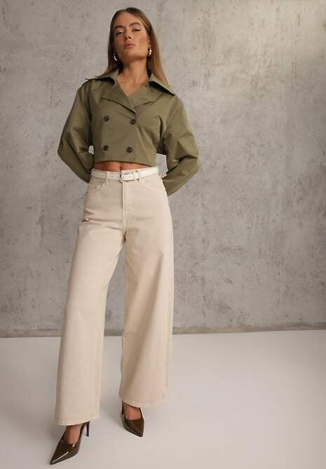 Beżowe Szerokie Jeansy Bawełniane High Waist Fyrlyss