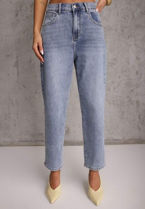 Niebieskie Jeansy Mom Fit z Bawełną High Waist Agarehe 4