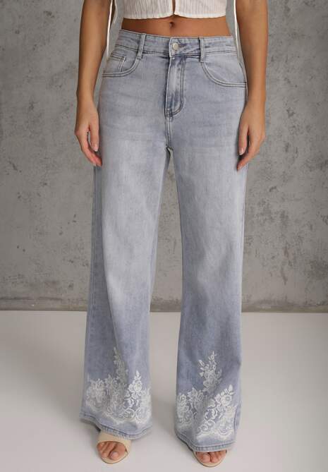 Niebieskie Jeansy Szerokie w Styku Boho z Ozdobnym Nadrukiem na Nogawkach Endippe 4