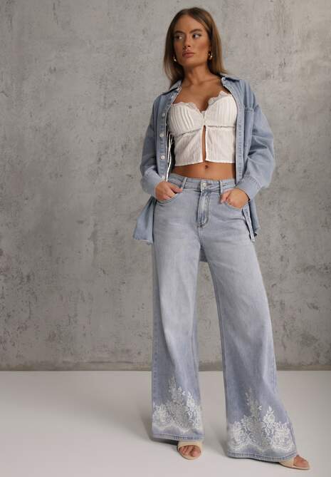 Niebieskie Jeansy Szerokie w Styku Boho z Ozdobnym Nadrukiem na Nogawkach Endippe
