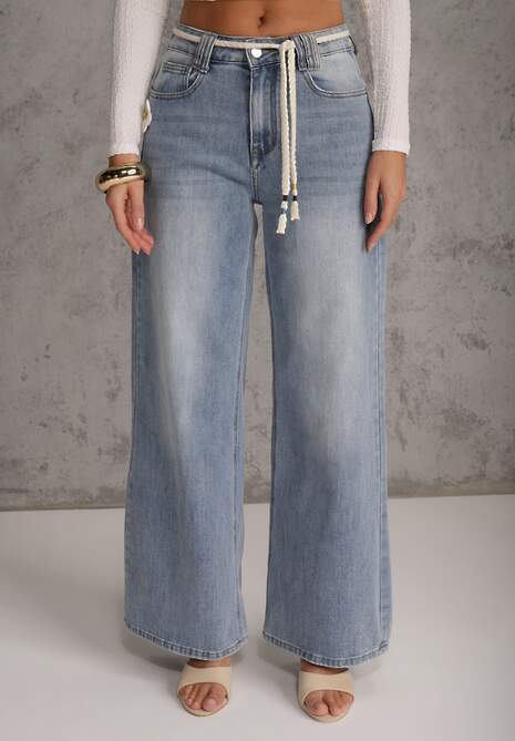 Niebieskie Szerokie Jeansy z Bawełną High Waist z Paskiem Typu Sznurek Caninna 4
