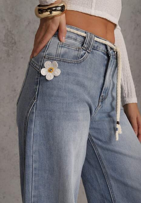 Niebieskie Szerokie Jeansy z Bawełną High Waist z Paskiem Typu Sznurek Caninna 5
